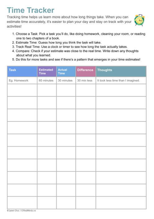 A worksheet and table for seeing how long tasks and activities take