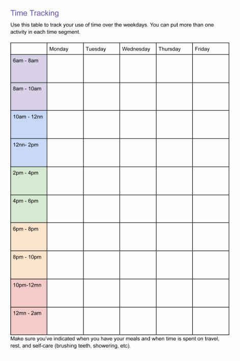 Time tracking table for Monday through Friday. Weekend table in another page.